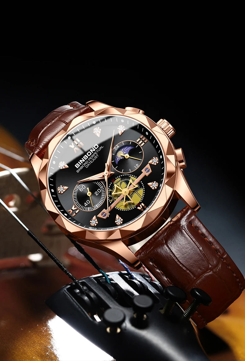 BINBOND Real Leather Strap Luxury Accurate Quartz Wristwatches For Men Luminous Waterproof Chronograph Men's Watch Sport Reloj