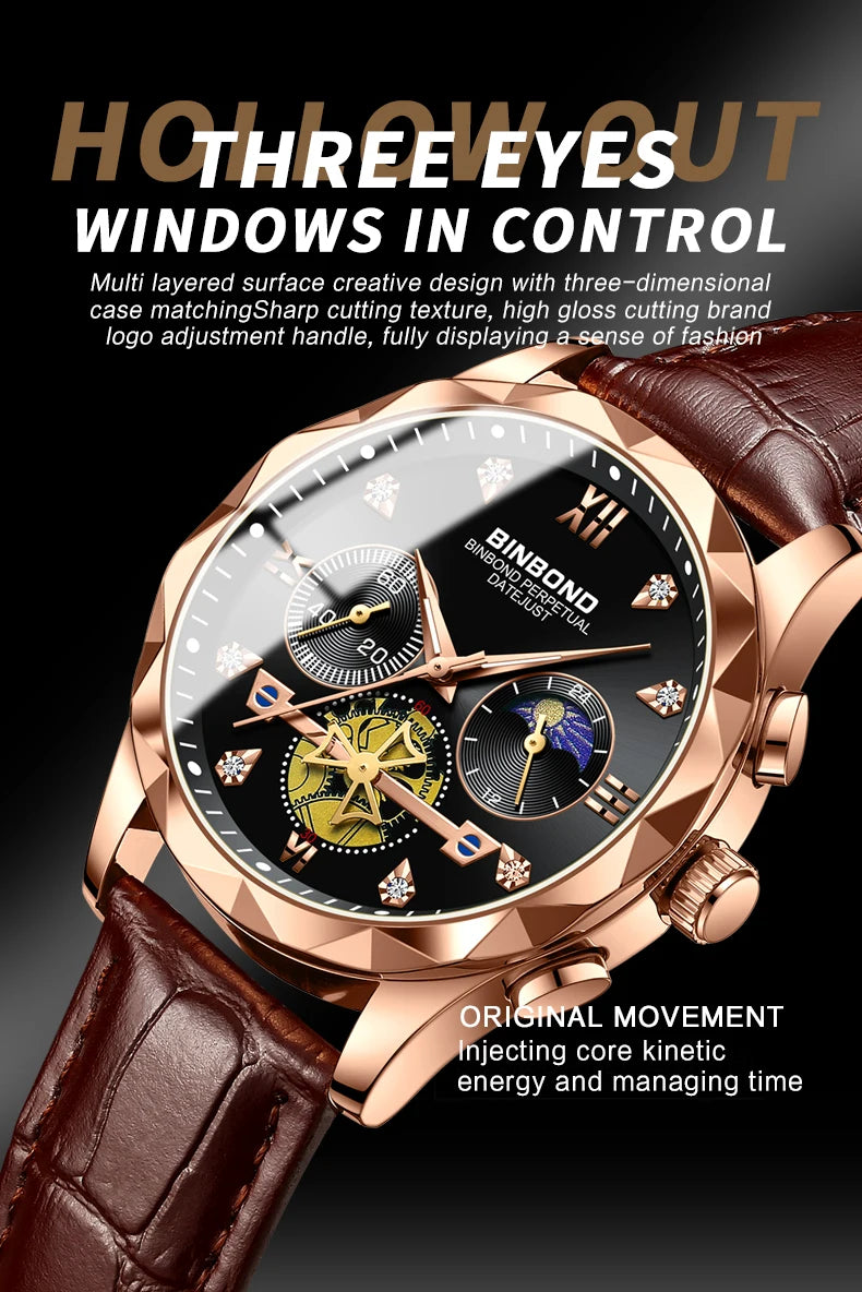 BINBOND Real Leather Strap Luxury Accurate Quartz Wristwatches For Men Luminous Waterproof Chronograph Men's Watch Sport Reloj