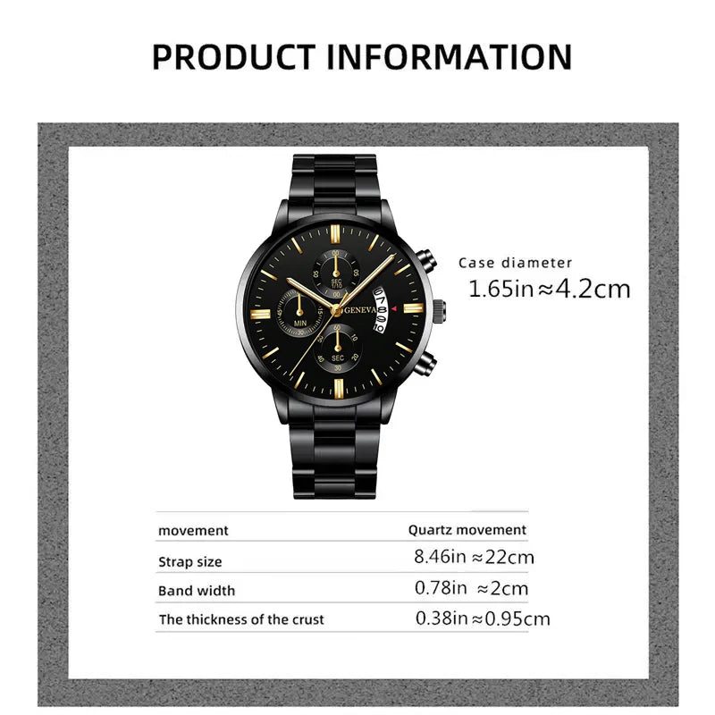 2pcs Fashion Men's Casual Business Sports Stainless Steel Quartz Wristwatch Calendar Male Classic Bracelet Set Luminous Clock