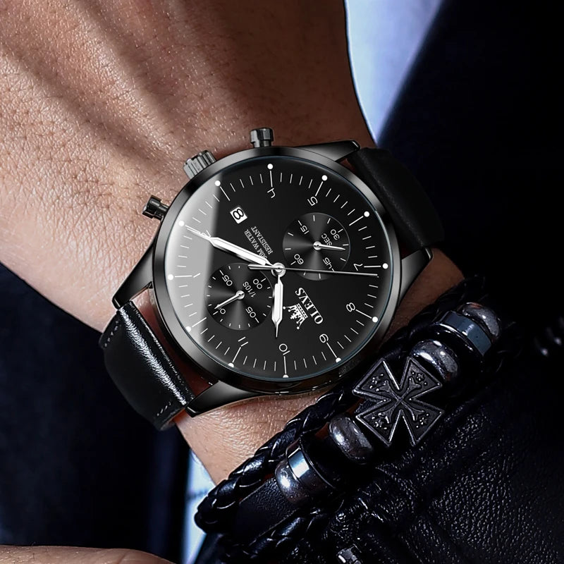 OLEVS 2880 Luxury Man Watch Simple Fashion Leather Strap Chronograph Auto Date Waterproof Luminous Hand Clock Quartz Watches Men