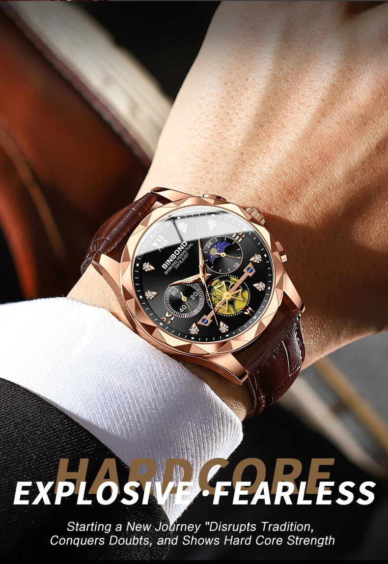 BINBOND Real Leather Strap Luxury Accurate Quartz Wristwatches For Men Luminous Waterproof Chronograph Men's Watch Sport Reloj