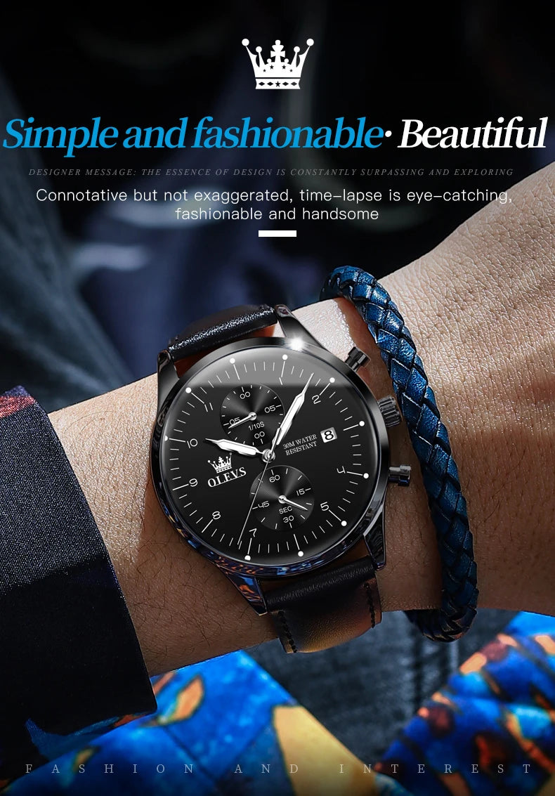 OLEVS 2880 Luxury Man Watch Simple Fashion Leather Strap Chronograph Auto Date Waterproof Luminous Hand Clock Quartz Watches Men