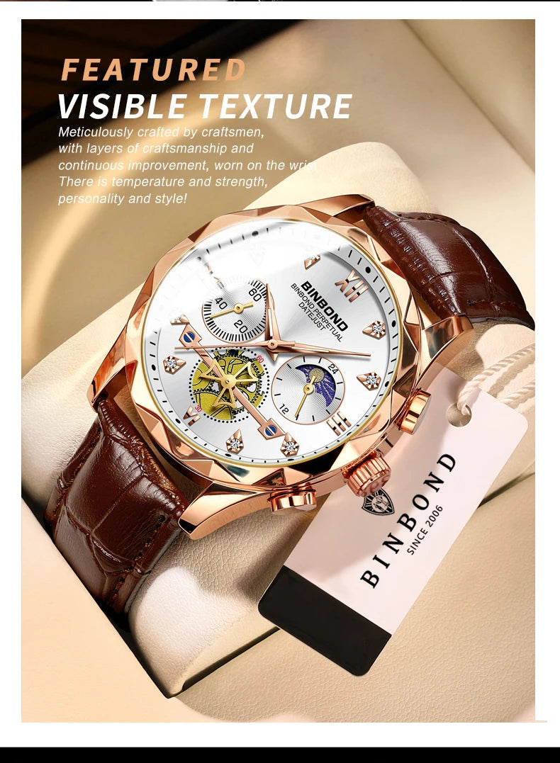 BINBOND Real Leather Strap Luxury Accurate Quartz Wristwatches For Men Luminous Waterproof Chronograph Men's Watch Sport Reloj