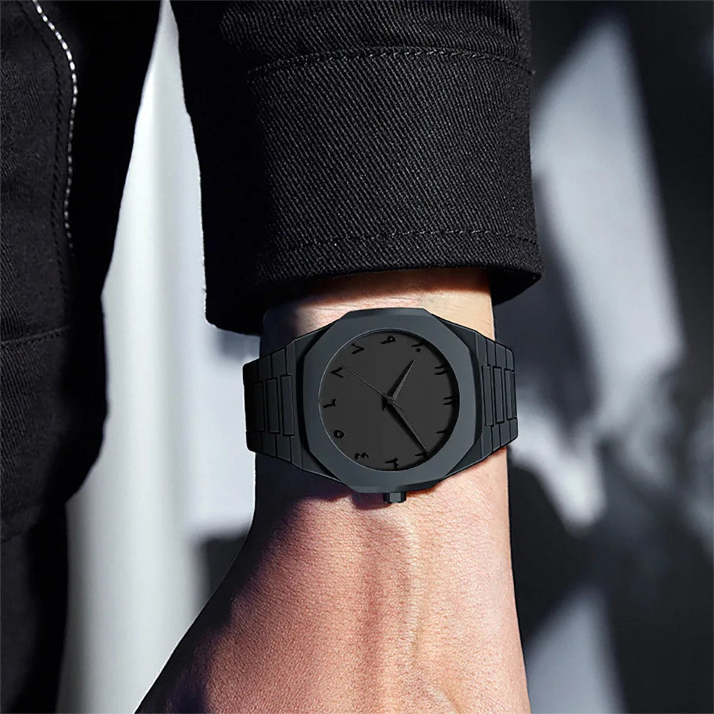 New Fashionable Men's Watch Simple Black Male Quartz Watches Arabic Digital Casual Drip Oil Strap