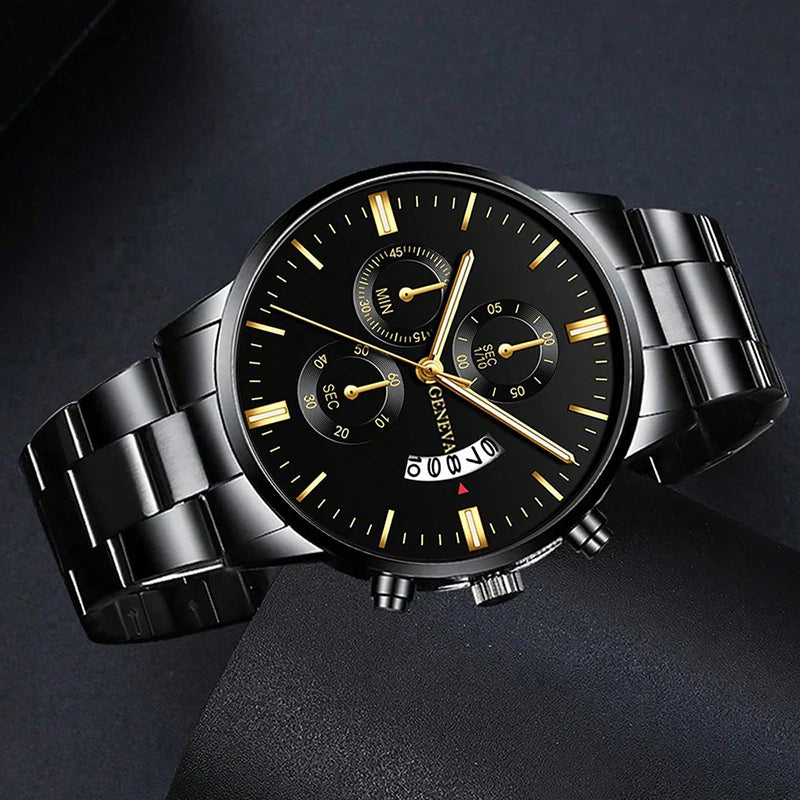 2pcs Fashion Men's Casual Business Sports Stainless Steel Quartz Wristwatch Calendar Male Classic Bracelet Set Luminous Clock