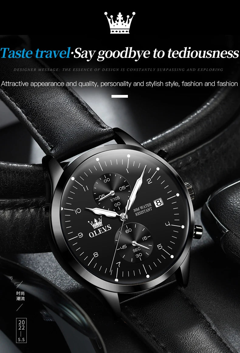 OLEVS 2880 Luxury Man Watch Simple Fashion Leather Strap Chronograph Auto Date Waterproof Luminous Hand Clock Quartz Watches Men
