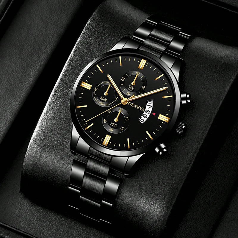2pcs Fashion Men's Casual Business Sports Stainless Steel Quartz Wristwatch Calendar Male Classic Bracelet Set Luminous Clock