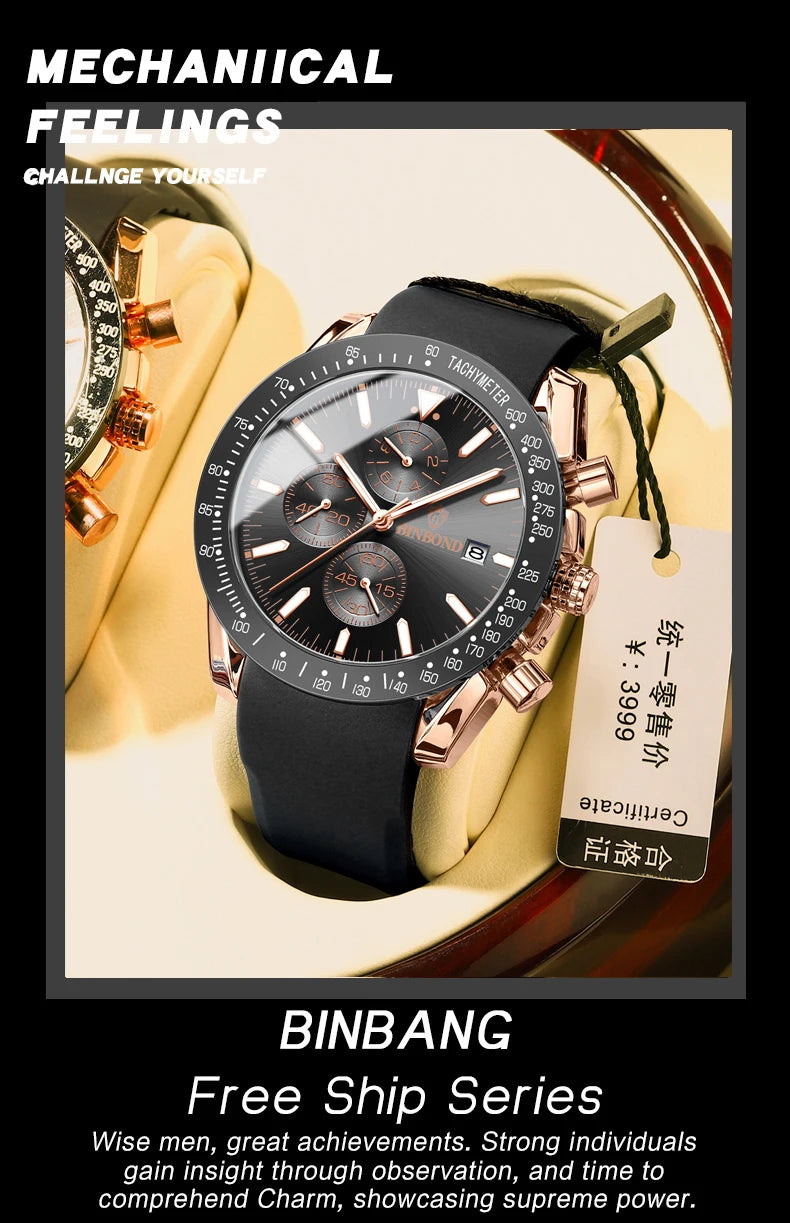 BINBOND Luxury Luminous Waterproof Casual Reloj Chronograph Auto Date Accurate Men's Watch Durable Quartz Wristwatches For Men