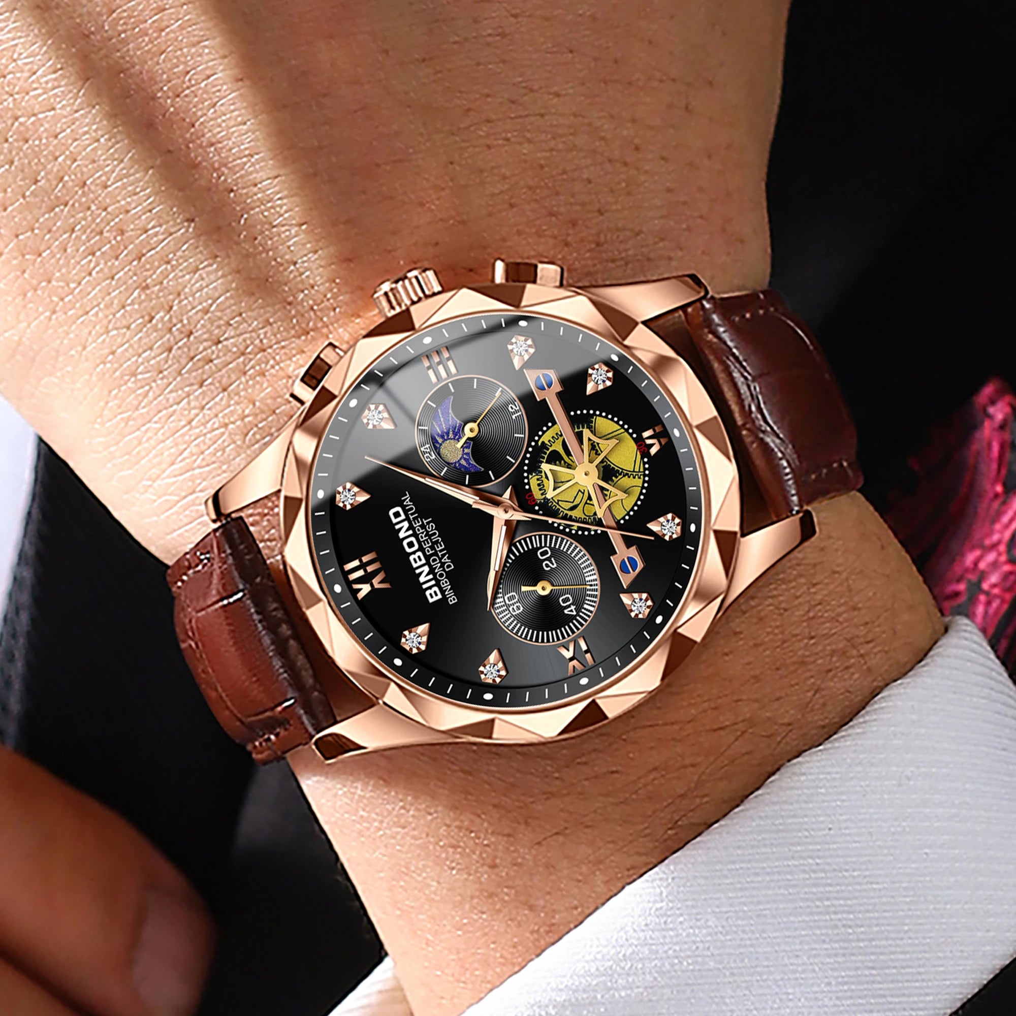 BINBOND Real Leather Strap Luxury Accurate Quartz Wristwatches For Men Luminous Waterproof Chronograph Men's Watch Sport Reloj