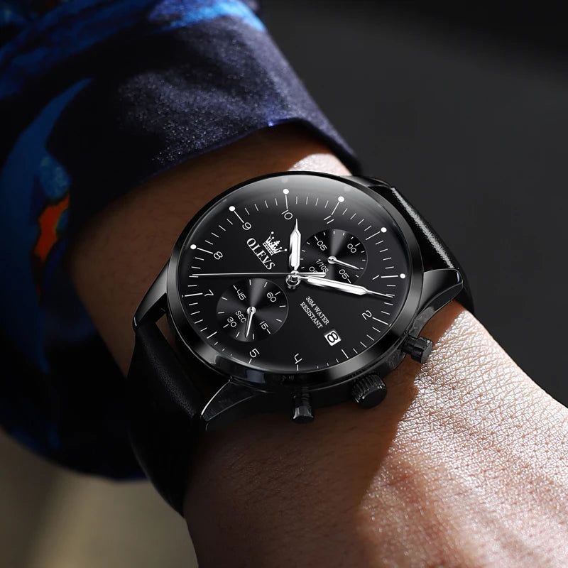 OLEVS 2880 Luxury Man Watch Simple Fashion Leather Strap Chronograph Auto Date Waterproof Luminous Hand Clock Quartz Watches Men