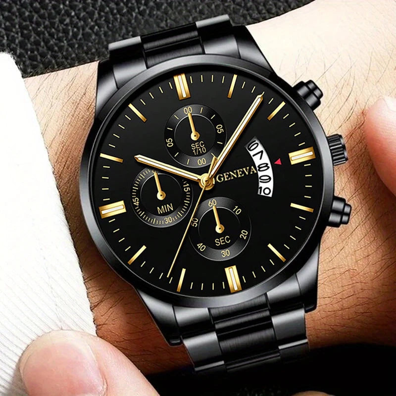 2pcs Fashion Men's Casual Business Sports Stainless Steel Quartz Wristwatch Calendar Male Classic Bracelet Set Luminous Clock