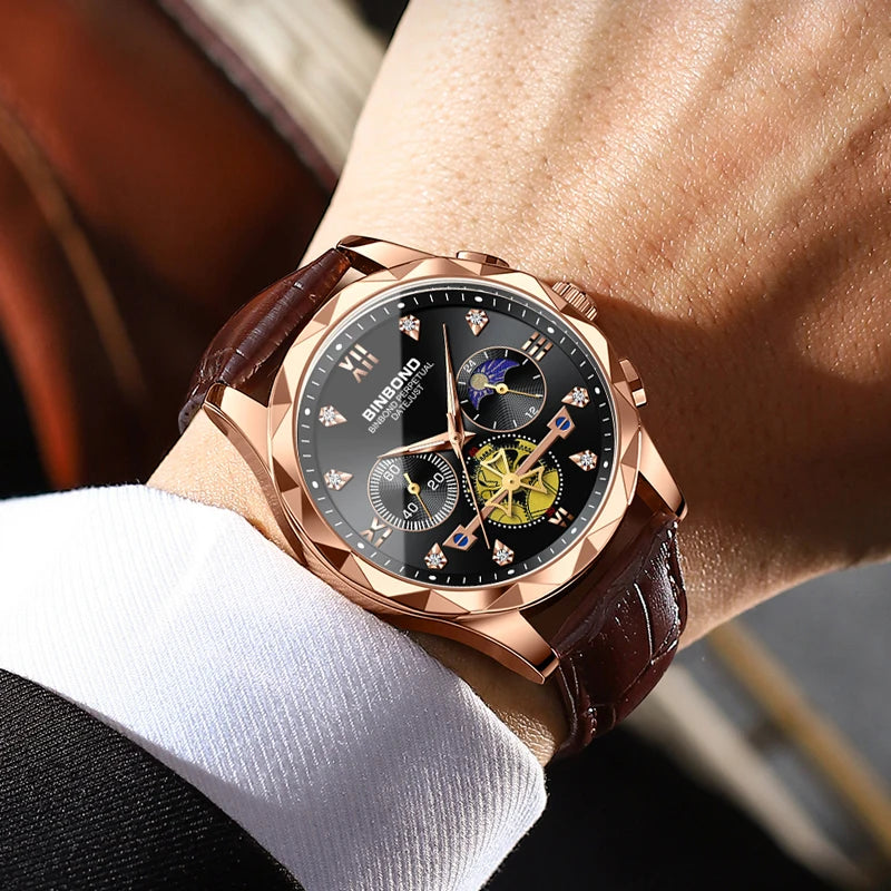 BINBOND Real Leather Strap Luxury Accurate Quartz Wristwatches For Men Luminous Waterproof Chronograph Men's Watch Sport Reloj