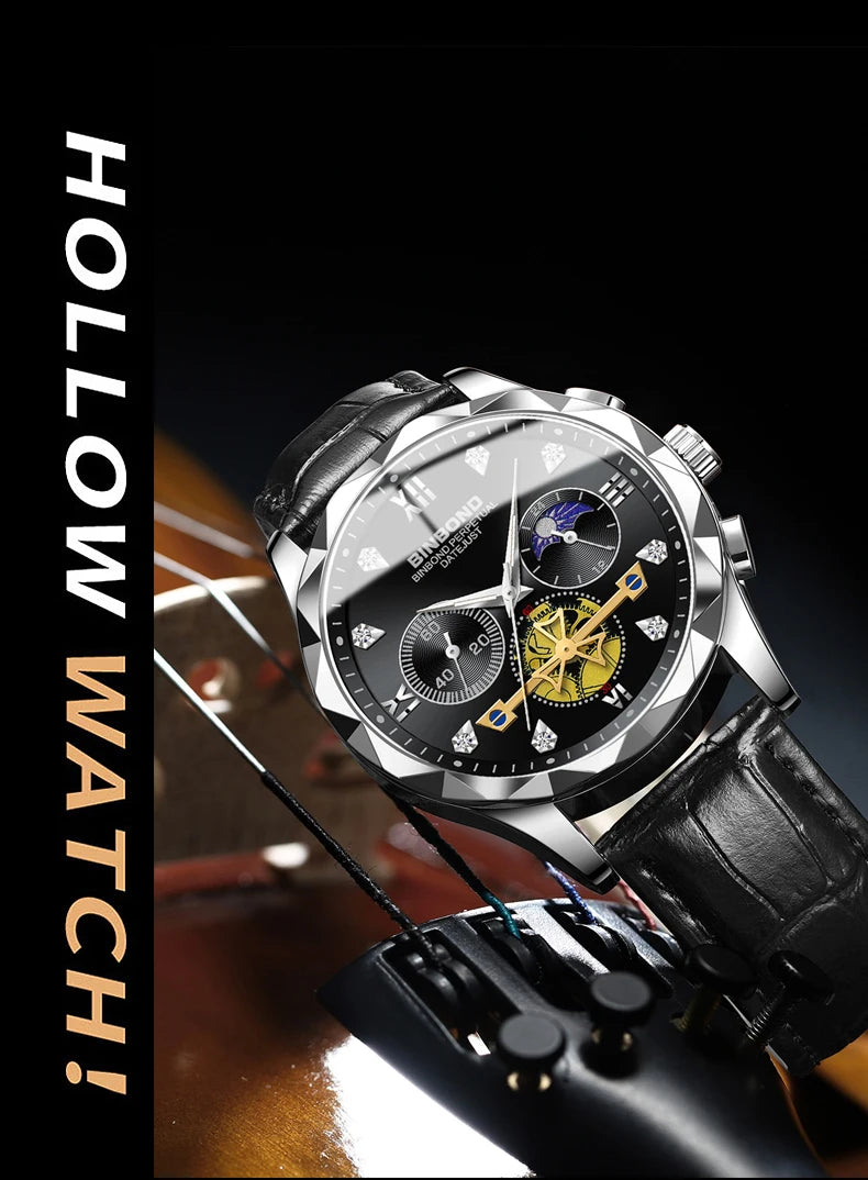 BINBOND Real Leather Strap Luxury Accurate Quartz Wristwatches For Men Luminous Waterproof Chronograph Men's Watch Sport Reloj