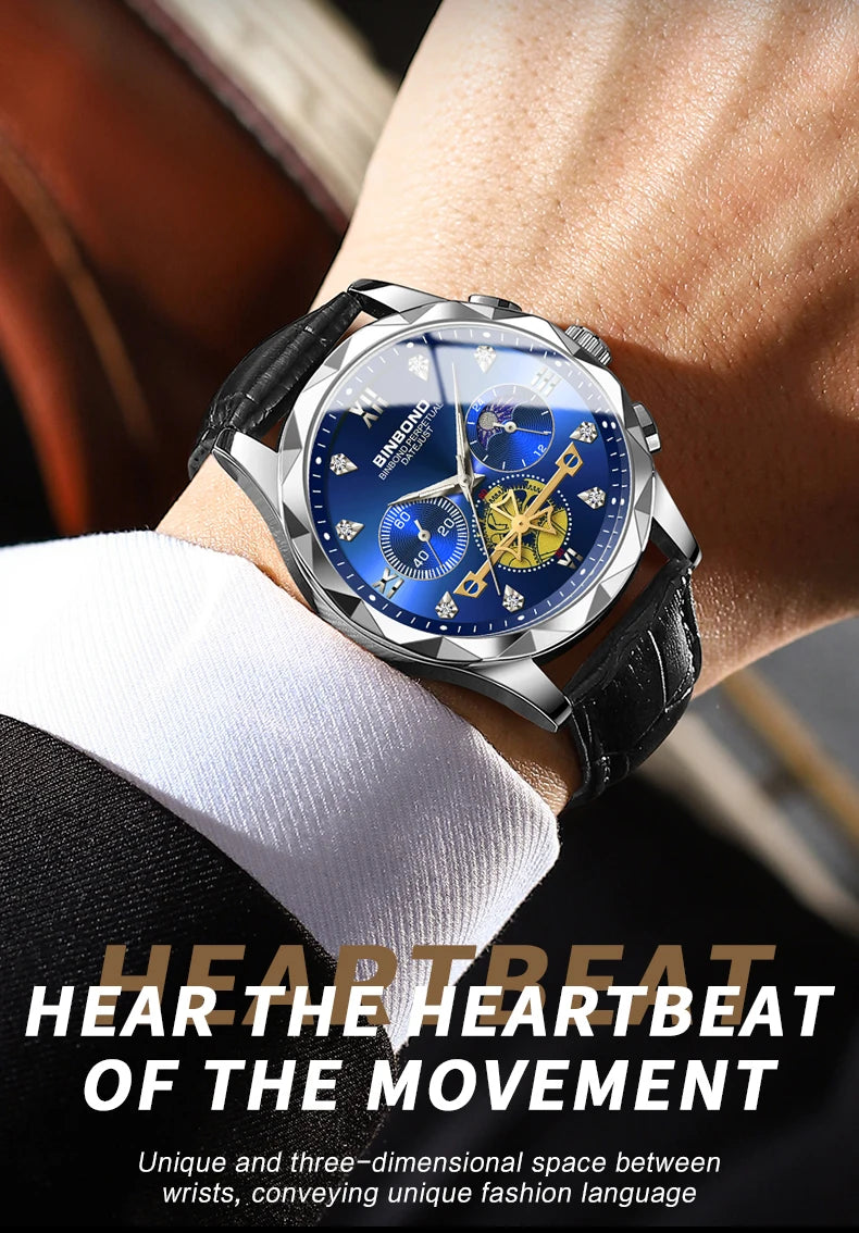 BINBOND Real Leather Strap Luxury Accurate Quartz Wristwatches For Men Luminous Waterproof Chronograph Men's Watch Sport Reloj