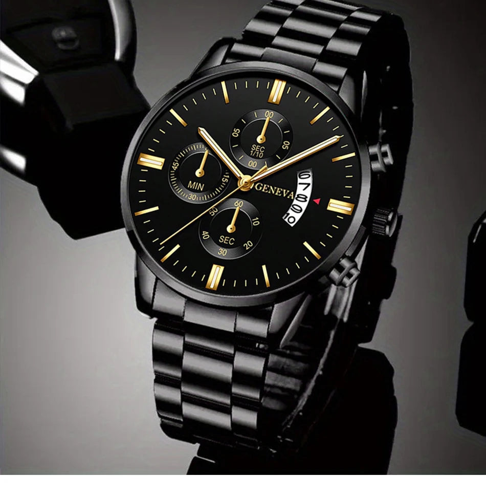 2pcs Fashion Men's Casual Business Sports Stainless Steel Quartz Wristwatch Calendar Male Classic Bracelet Set Luminous Clock