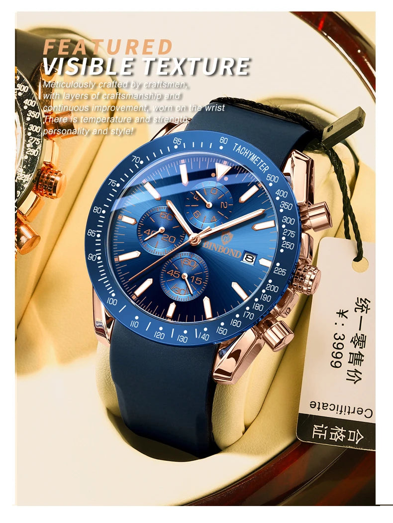 BINBOND Luxury Luminous Waterproof Casual Reloj Chronograph Auto Date Accurate Men's Watch Durable Quartz Wristwatches For Men